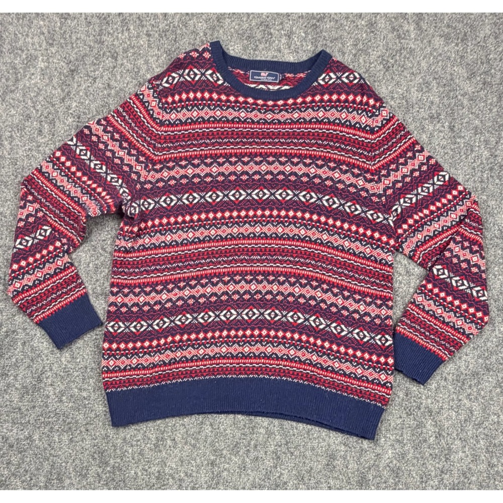 Vineyard Vines Mens Fair Isle Crewneck Sweater Navy Red Merino Wool Alpaca Large